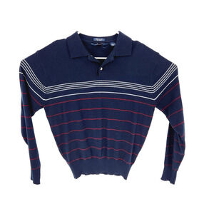 Vintage Par Four Sweater Mens L Large Collared Dark Blue Knit Polo Striped 80s
